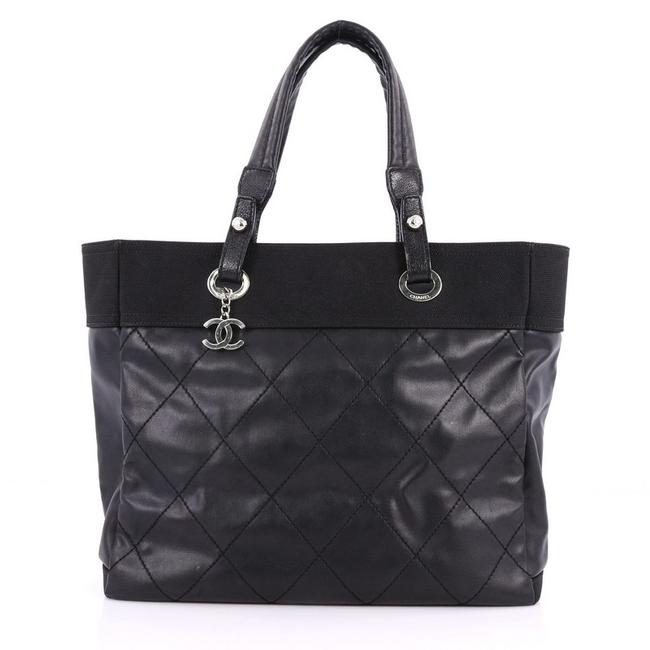 Chanel Biarritz Pocket Quilted Large Black Coated Canvas Tote