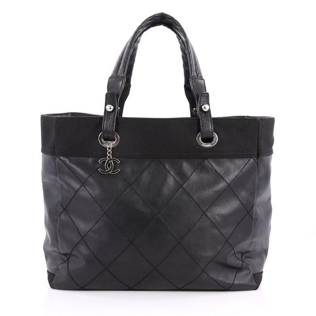 Chanel Biarritz Quilted Large Black Coated Canvas Tote