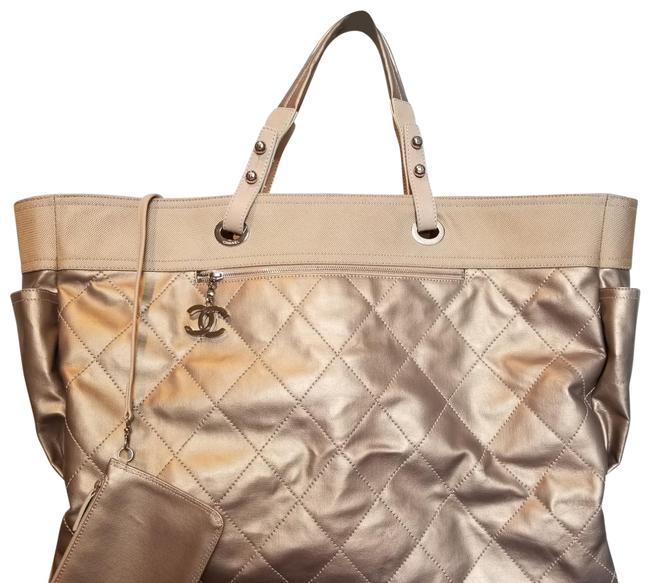 Chanel Biarritz XL Paris Oversized GoldBeige Coated Canvas Tote