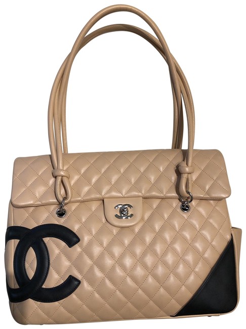 Chanel Black Logo Beige Tan Leather Tote
