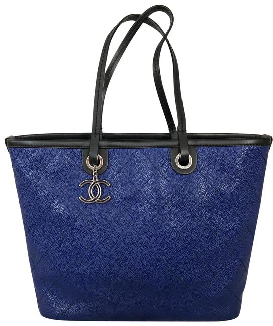 Chanel Blue with Black Straps Calfskin Leather Tote