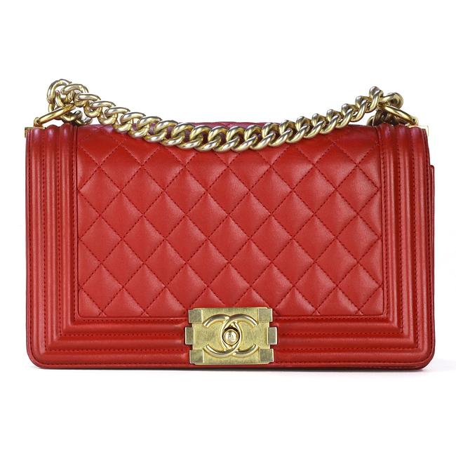 Chanel Boy Medium Quilted Ghw Red Lambskin Leather Shoulder Bag