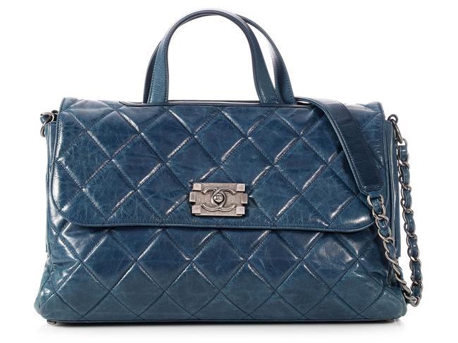 Chanel Boy Quilted Distressed Convertible Blue Calfskin Leather Tote