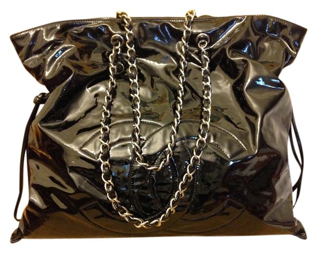 Chanel Cabas Large Logo Black Patent Leather Tote