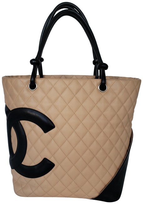 Chanel Cambon Beige &amp; Black Lambskin Leather Tote