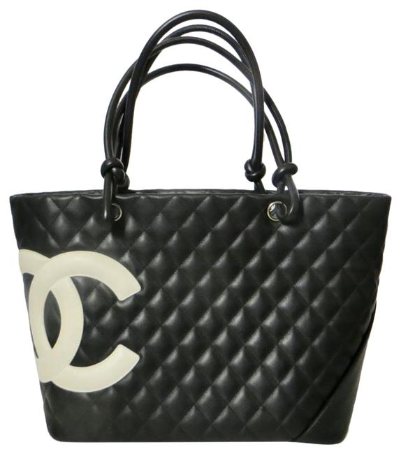 Chanel Cambon Lambskin Black White Calfskin Leather Tote