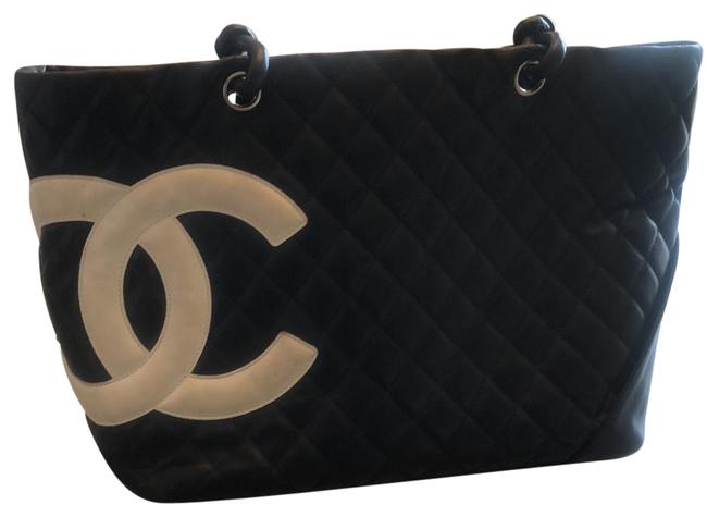 Chanel Cambon Ligne Quilted Cc Dustbag Black Calfskin Leather Cloth with Tote