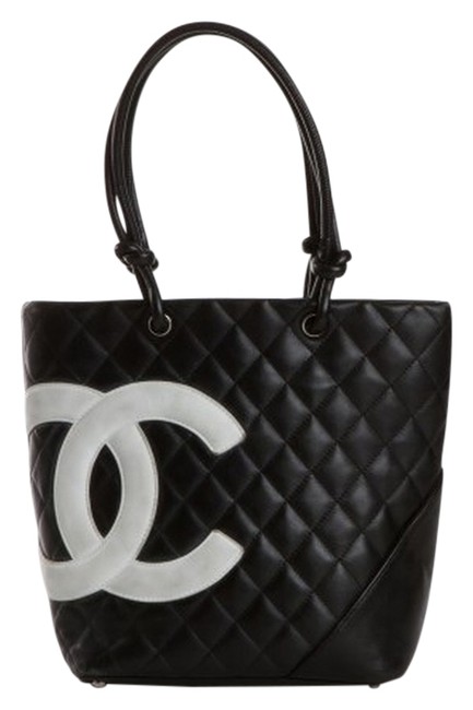 Chanel Cambon Medium And Black with White Cc Logo Lambskin Leather Tote
