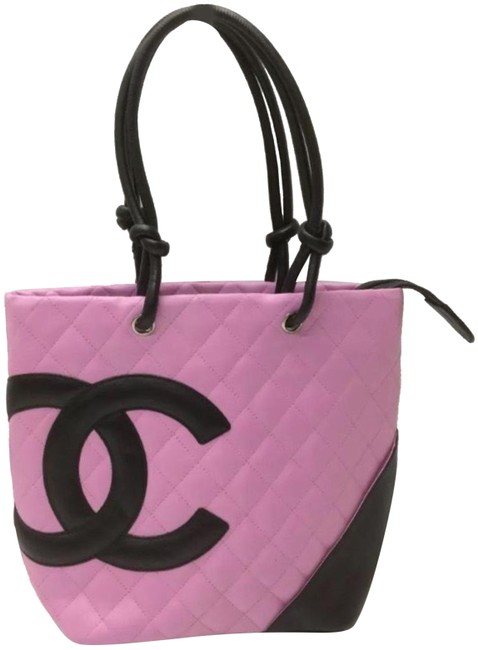 Chanel Cambon Quilted Cc Ligne PinkBlack Lambskin Leather Tote