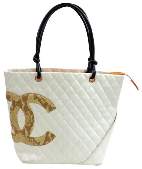 Chanel Cambon Quilted Lamb White Snakeskin Leather Tote