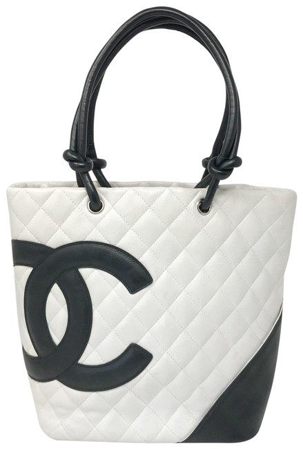 Chanel Cambon Quilted Medium WhiteBlack Calfskin Leather Tote