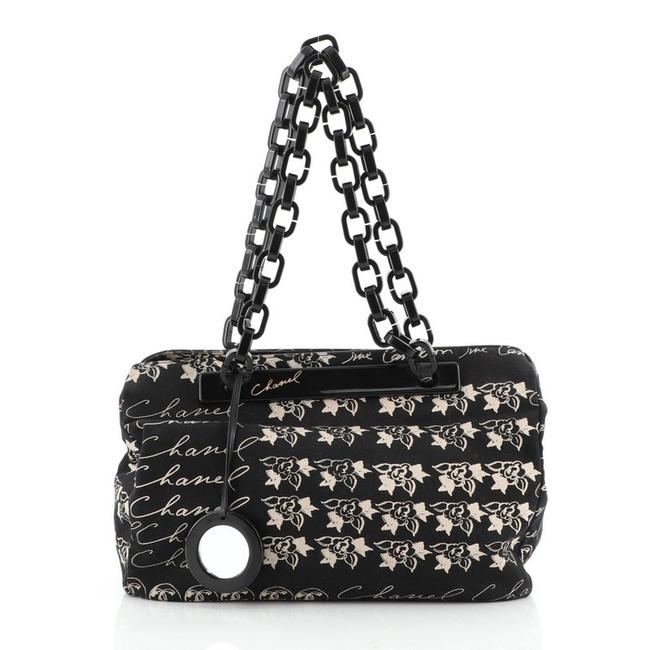 Chanel Camellia Flower Chain Printed Black Canvas Tote