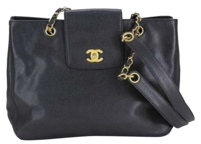Chanel Caviar Skin Cc Chain Large Black Leather Tote