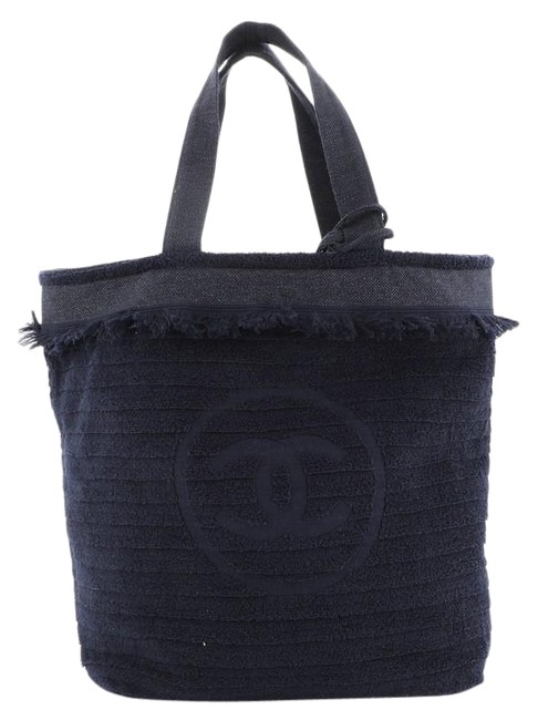 Chanel Cc Beach Fringe Terry Cloth Large Blue Textile Tote