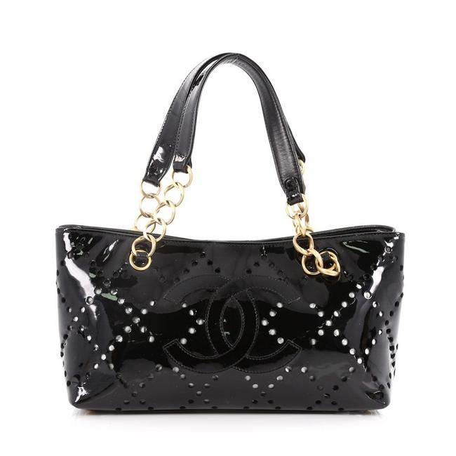 Chanel Cc Chain Perforated Patent Small Black Leather Tote