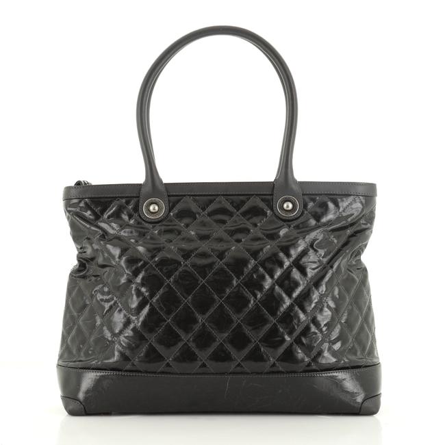 Chanel Cc Charm Zip Quilted Medium Black Coated Canvas Tote