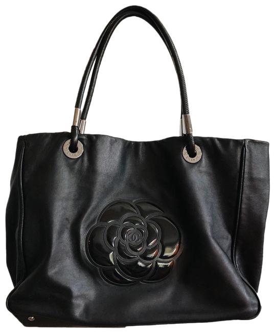 Chanel Cc Logo Camellia Large Shoulder Black Leather Tote