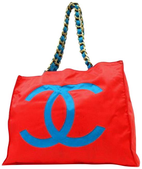 Chanel Cc Logo Chain 227133 Red X Blue Nylon Tote