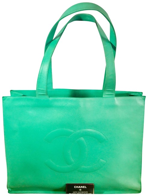 Chanel Bag Cc Logos Caviar Skin Leather Light Green Tote