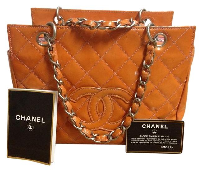 Chanel Cc Quilted Petite Orange Patent Leather Tote