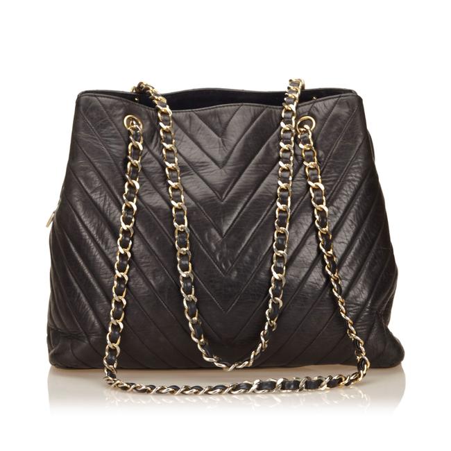 Chanel Chevron Chain France Black Lambskin Leather Tote