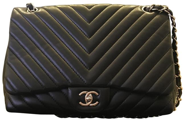 Chanel Chevron Jumbo Single Black Lambskin Leather Tote