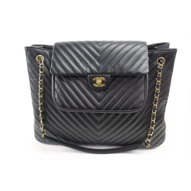 Chanel Chevron Quilted Black Leather Tote