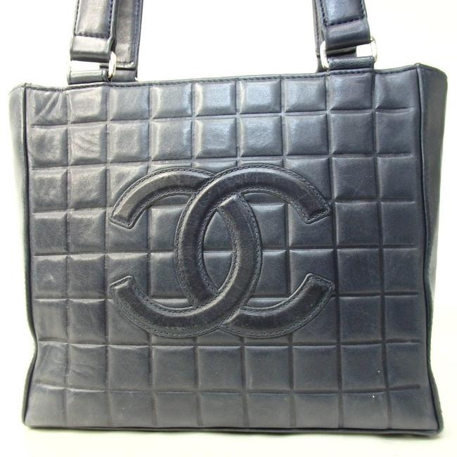 Chanel Choco Bar Cc Logos Hand Navy Charcoal Grey Leather Tote