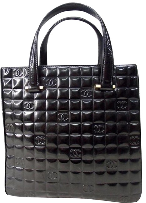Chanel Chocolate Bar Embossed Top Handle Black Patent Leather Tote