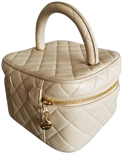 Chanel Classic Handbag Clutch Beige Calfskin Leather Tote