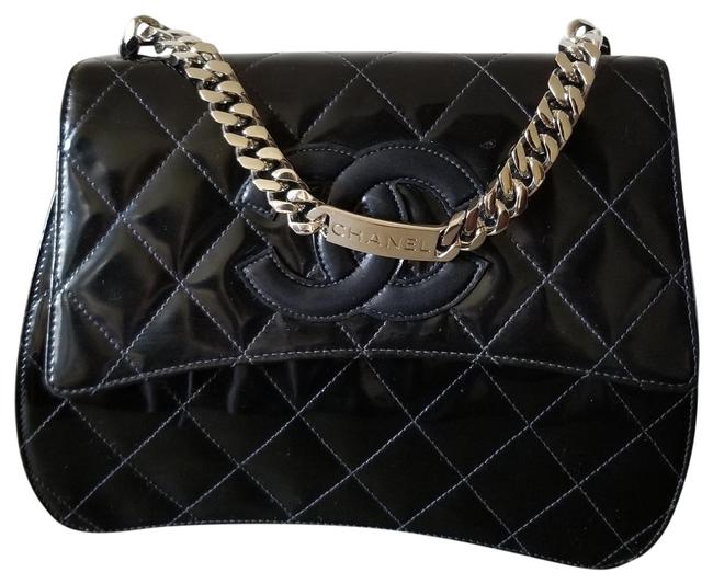 Chanel Classic Handbag Kelly Silver Hardware Black Patent Leather Tote