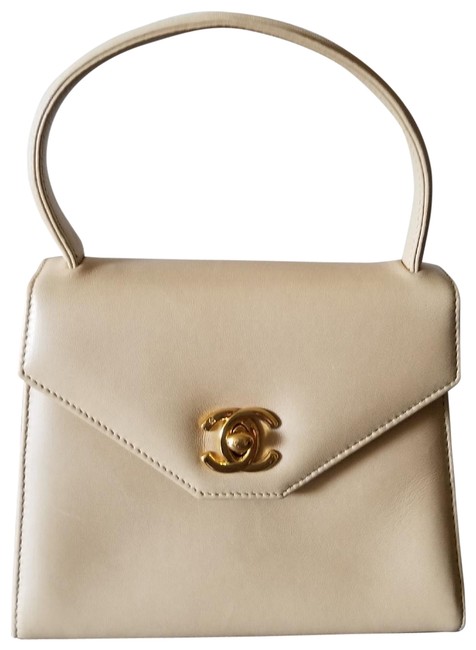 Chanel Classic Handbag Mini Kelly Gold Hardware Beige Calfskin Leather Tote