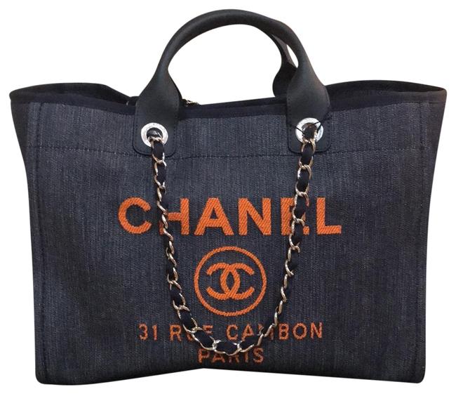 Chanel Deauville 2018 Canvas Large 30 Cm Blue Orange Denim Tote
