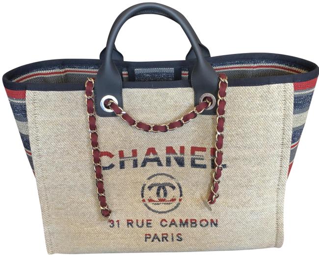 Chanel Deauville Beige Red Blue Canvas Tote