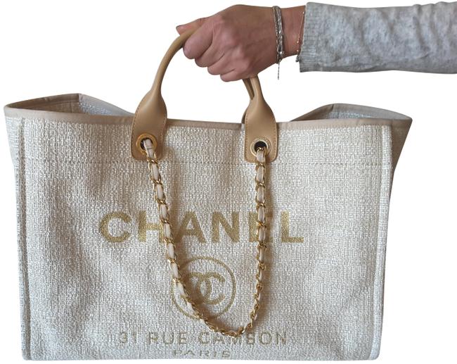 Chanel Deauville BeigeGold Canvas Tote