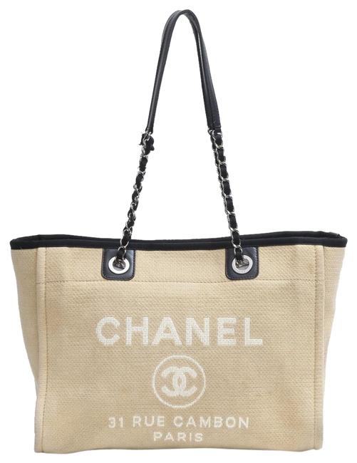 Chanel Deauville Bag Cc Logo Shoulder Beige Black Canvas Tote