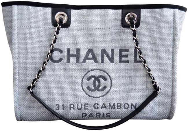 Chanel Deauville Chain Canvas Medium Gray Leather Tote