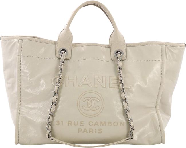 Chanel Deauville Chain Glazed Large Cream Calfskin Leather Tote