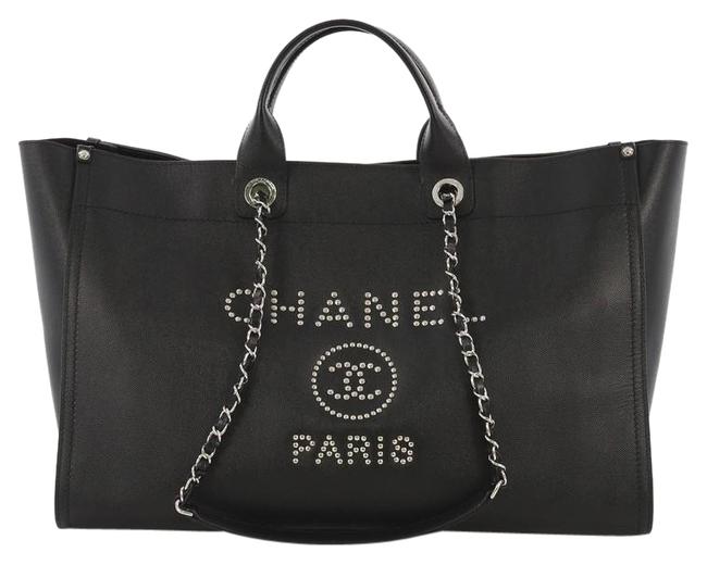 Chanel Deauville Chain Studded Caviar Large Black Leather Tote
