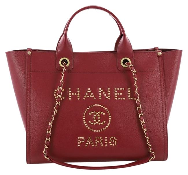 Chanel Deauville Chain Studded Caviar Small Red Leather Tote