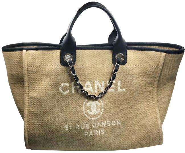 Chanel Deauville Bag Cloth Large Beige Black Canvas Leather Tote