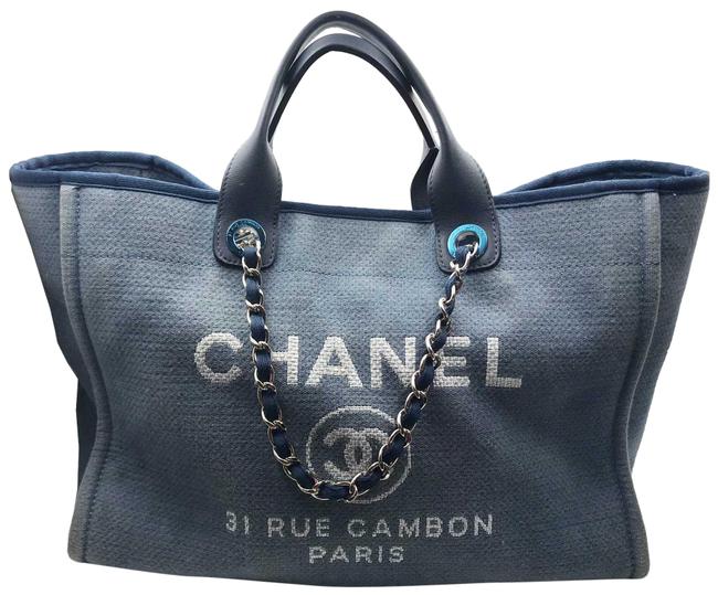 Chanel Deauville Bag Cloth Large Blue Canvas Leather Tote