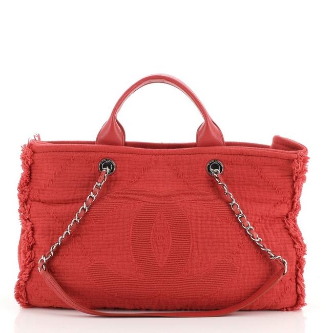 Chanel Deauville Double Face Fringe Quilted Medium Red Canvas Tote