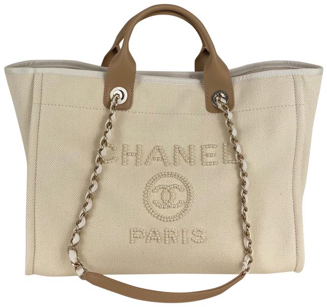 Chanel Deauville Ecru Pearl 30cm Beige Canvas Tote