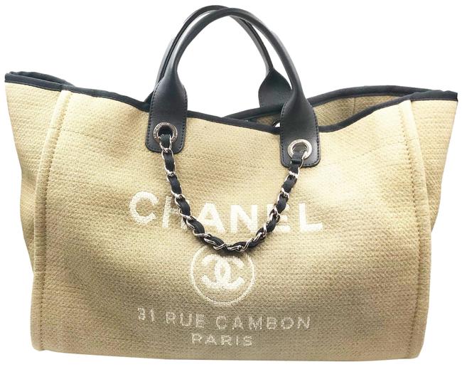 Chanel Deauville Bag Large Beige Black Canvas Leather Tote