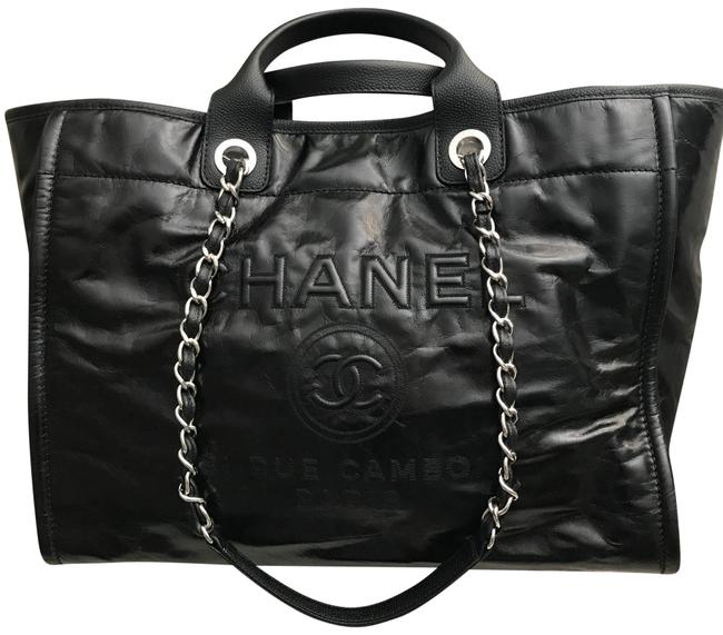 Chanel Deauville Large Black Glazed Leather Tote