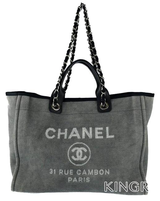 Chanel Deauville Bag Large Grey Black Canvas Leather Tote