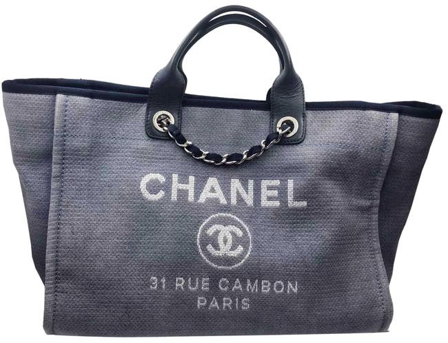 Chanel Deauville Bag Large Navy Canvas Leather Tote