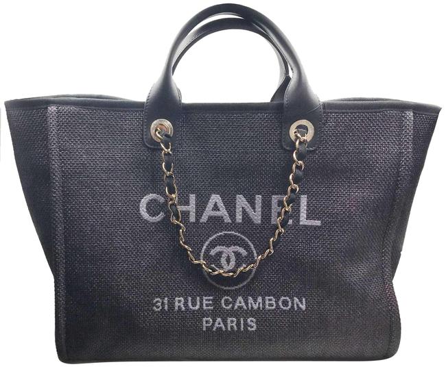 Chanel Deauville Bag 2019 Large Navy Cloth Leather Tote