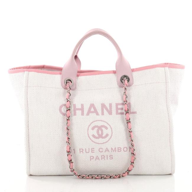 Chanel Deauville Large Pink Trim Silver Hardware White Raffia Tote